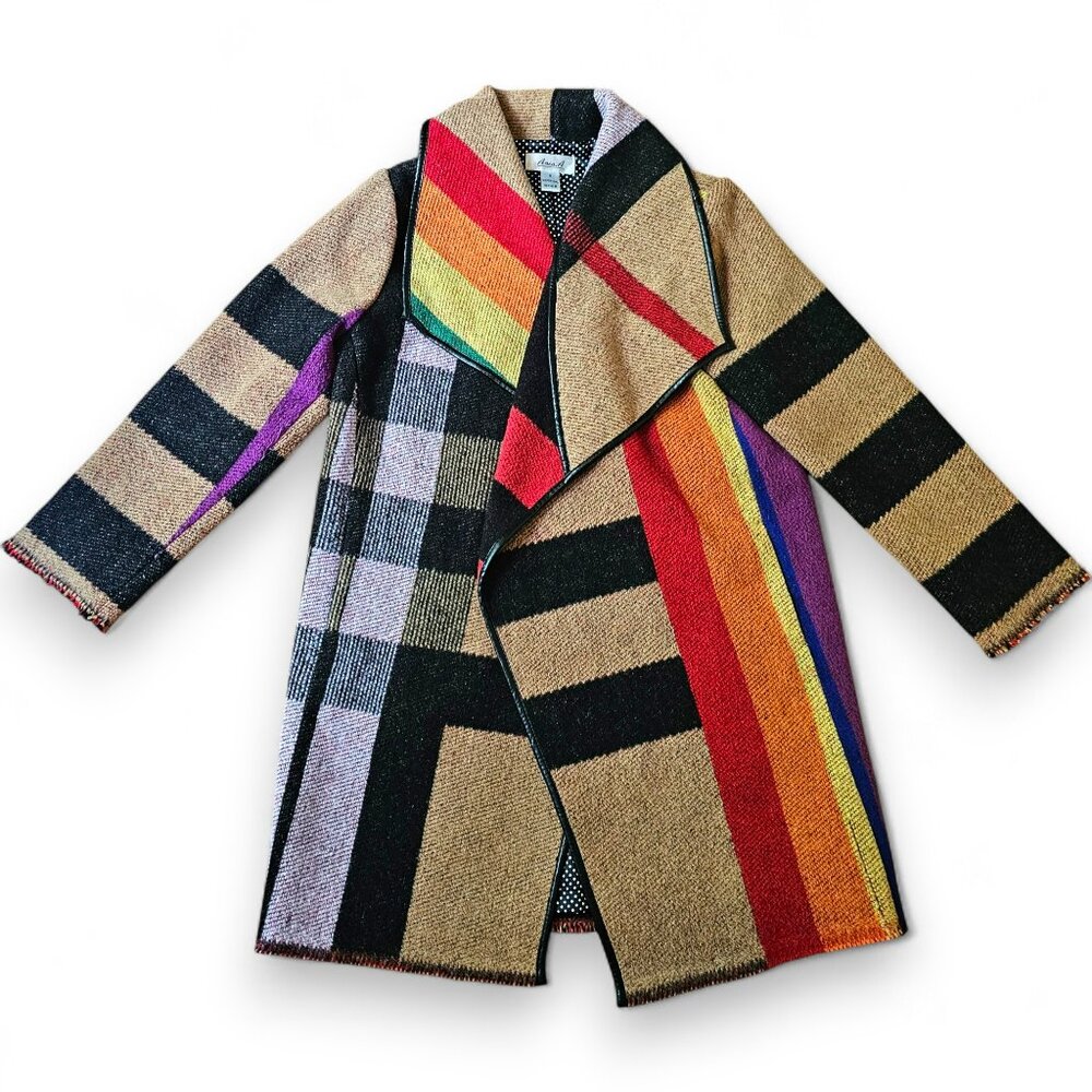 Aris A Women's Open Front Poncho Sweater Rainbow Stripes Wool Blend Size Small